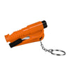 Orange emergency car escape tool with a window breaker and seatbelt cutter attached to a chain.