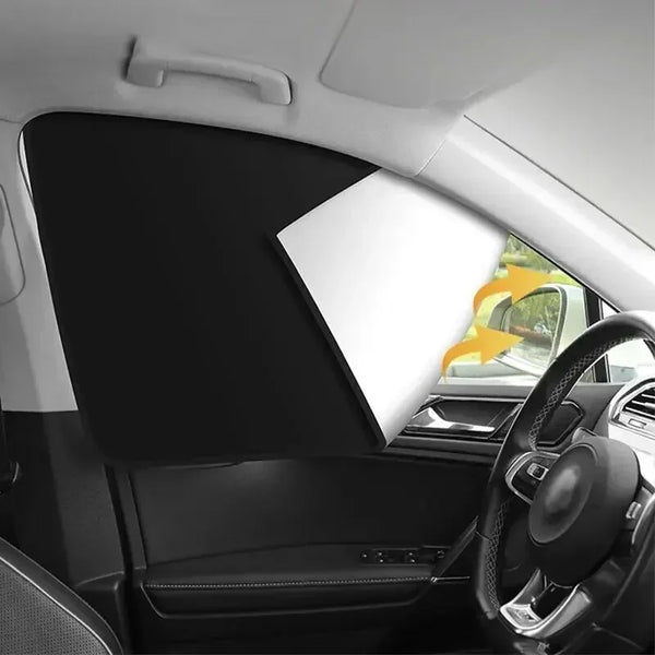 Magnetic car side window sun shades installed in a vehicle interior showing the shade mechanism.