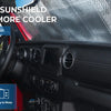 A car windshield sunshade is shown inside a vehicle, demonstrating its ability to lower the temperature.