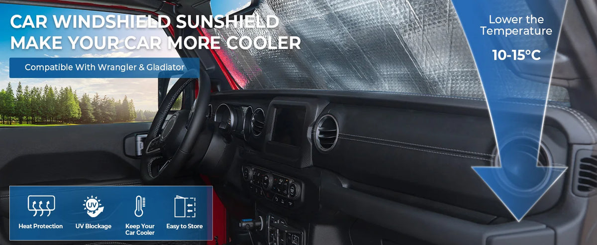 A car windshield sunshade is shown inside a vehicle, demonstrating its ability to lower the temperature.