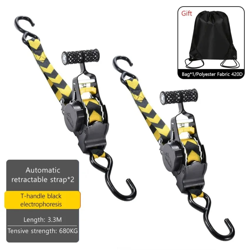 Black and yellow heavy duty automatic retractable ratchet strap with T-handle for cargo