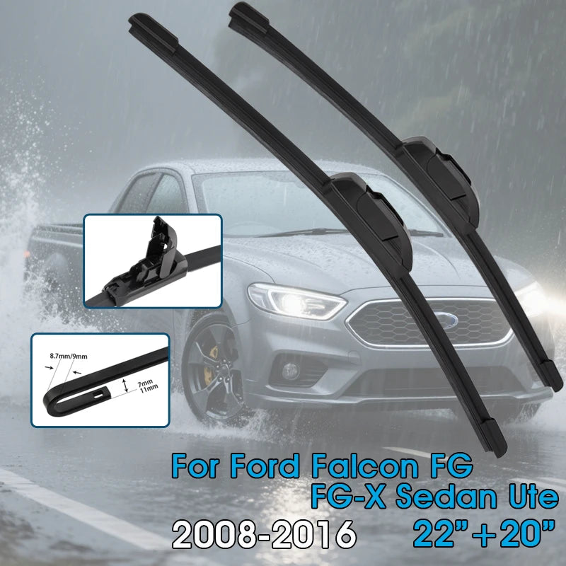 A pair of black universal windshield wiper blades for a Ford Falcon FG sedan ute, compatible with 2008-2016 models.
