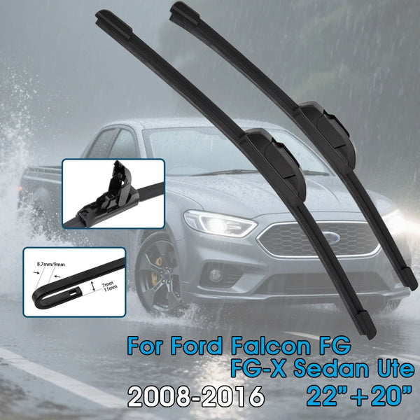 A pair of black universal windshield wiper blades for a Ford Falcon FG sedan ute, compatible with 2008-2016 models.