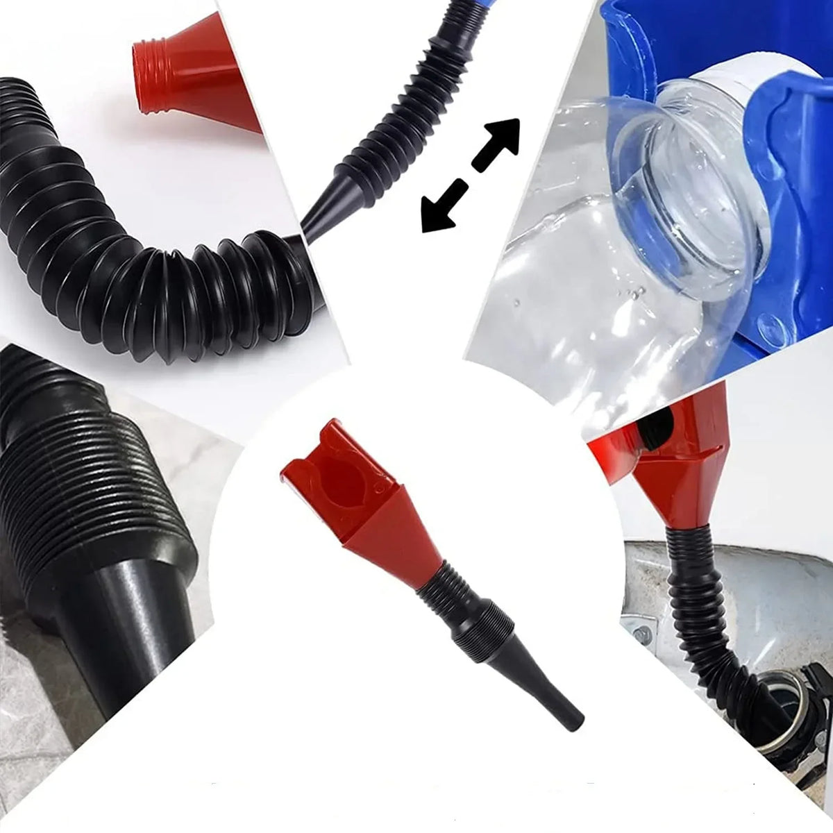 Un juego de embudos plegables negros y rojos para repostar coche y motocicleta, mostrando varios componentes y usos.