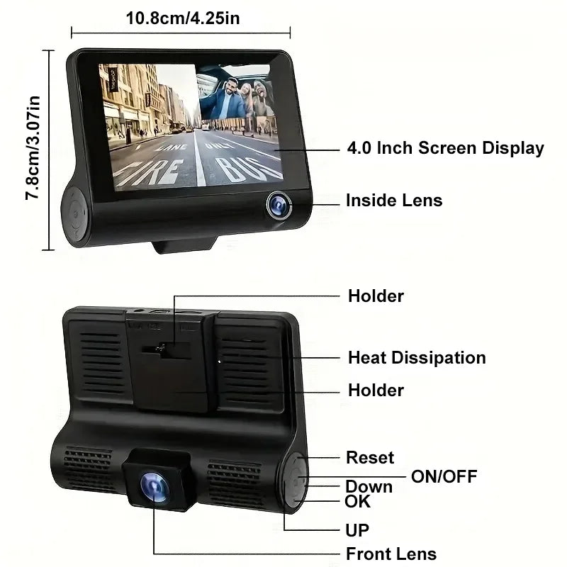 A black triple-lens dash cam device showing its dimensions and features like a screen display, lens, and holder.