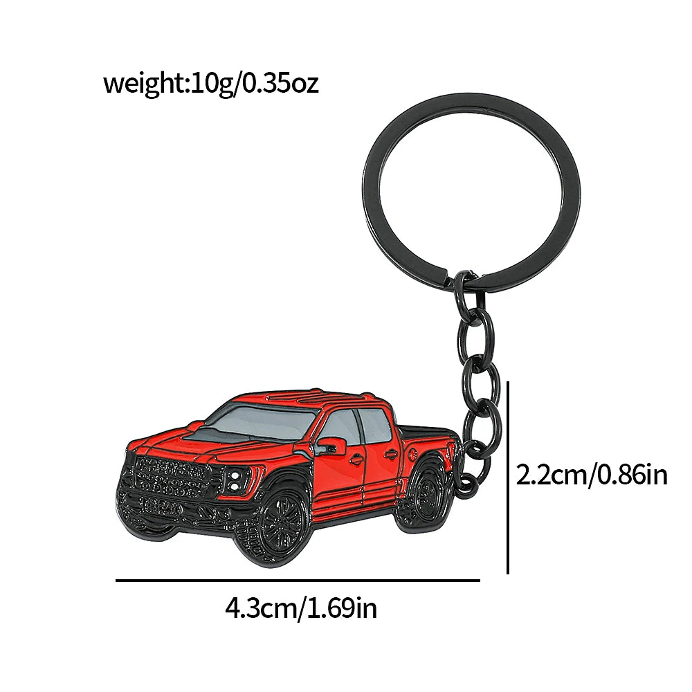 A red classic alloy car keychain with a black split ring and metal chain.