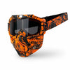 Orange and black patterned tactical full face motorcycle goggles with colored lenses