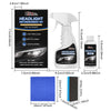 A set of headlight refurbishment cleaning kits including a light bulb, protective agent, and polishing pads.