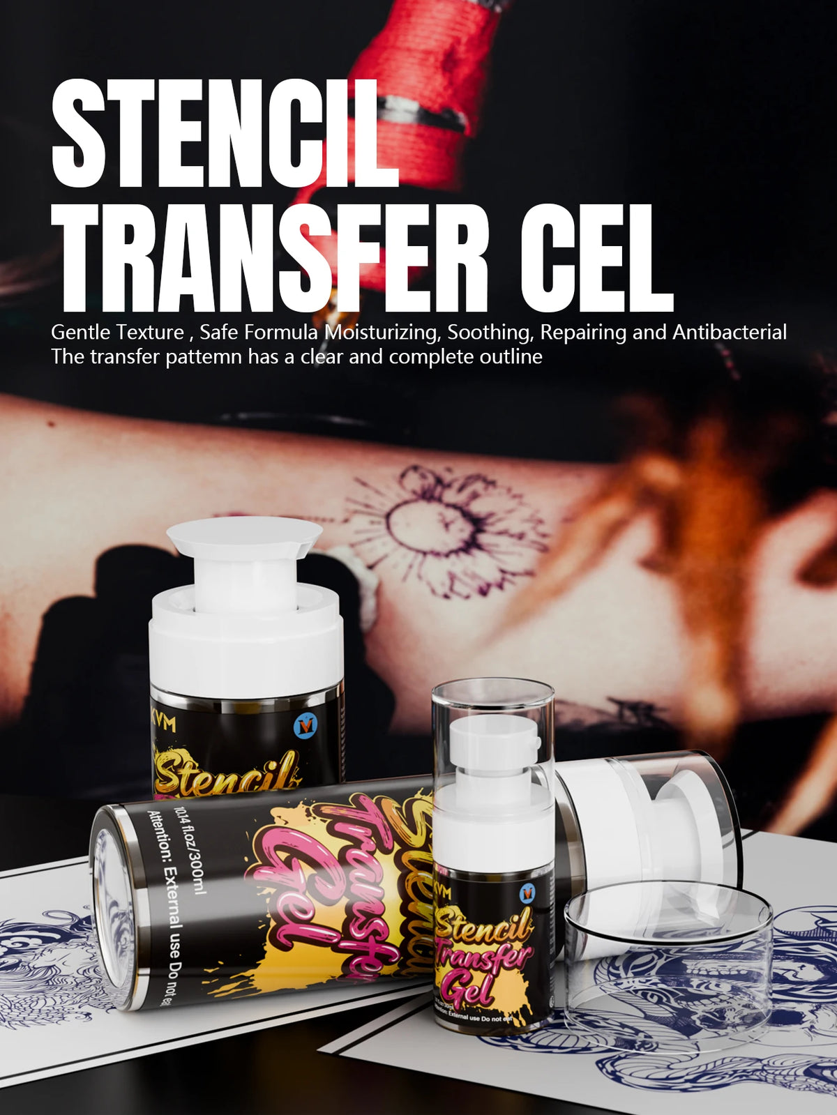 A bottle of Stencil Transfer Gel is shown next to a tube and a glass, with a tattoo design visible on the background.