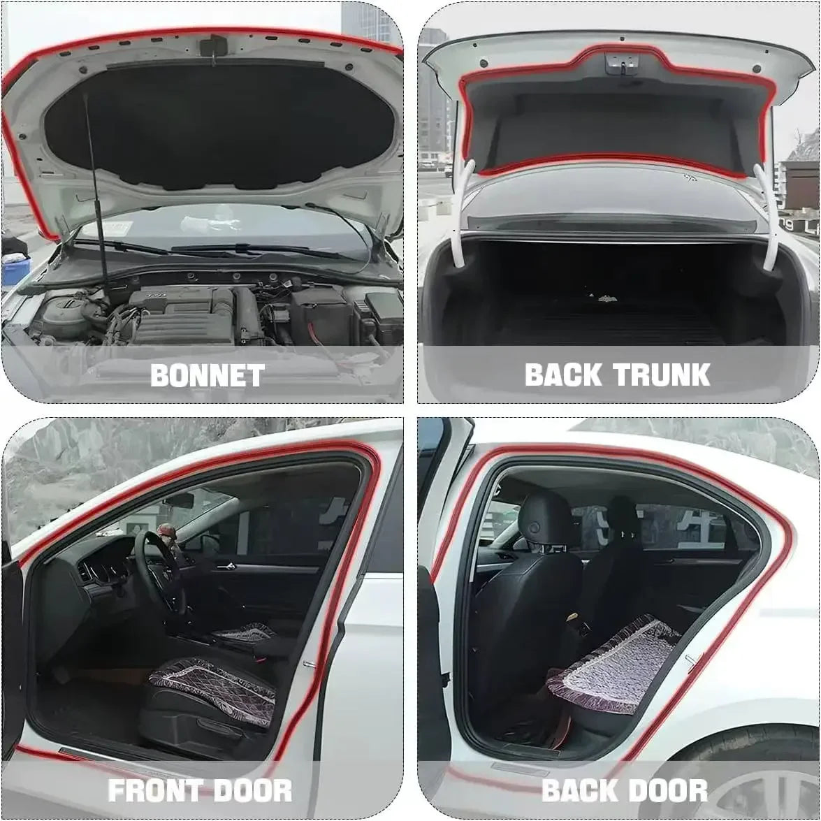 Images showing various angles of heavy duty car door weather stripping seal installation on a vehicle.