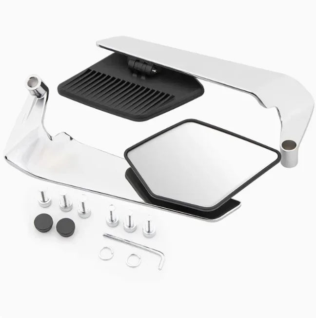 A set of adjustable motorcycle side mirrors with a chrome finish and black mounting bracket.