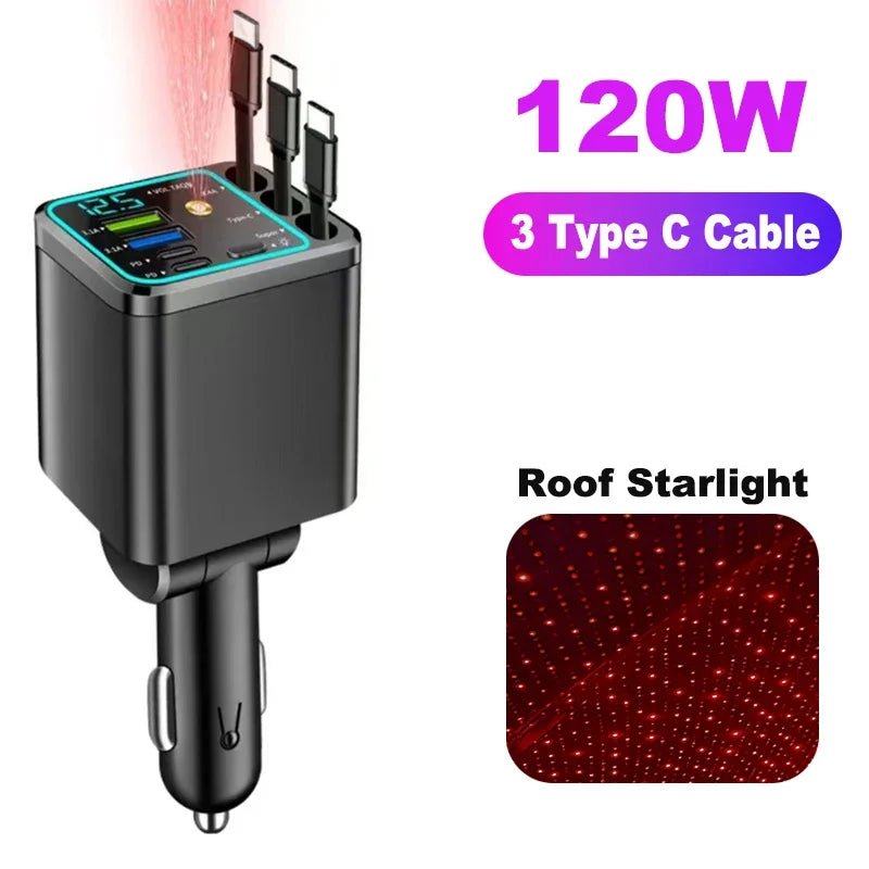 A black car charger with a digital voltmeter and three Type C cables, shown next to a roof starlight effect.