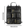 Black universal camo seat back organizer with multiple padded compartments and a carrying handle