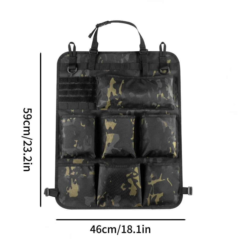 Black universal camo seat back organizer with multiple padded compartments and a carrying handle