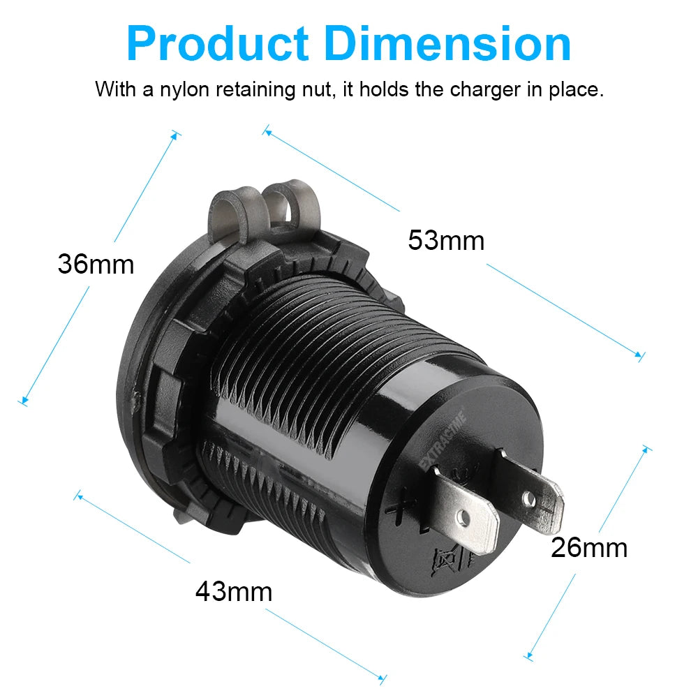 Schwarzer Dual-USB-Auto-Ladegerät mit Nylon-Haltemutter und Markierungen für verschiedene Abmessungen.