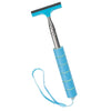 A blue telescopic window squeegee with a handle and flexible cord for glass cleaning.