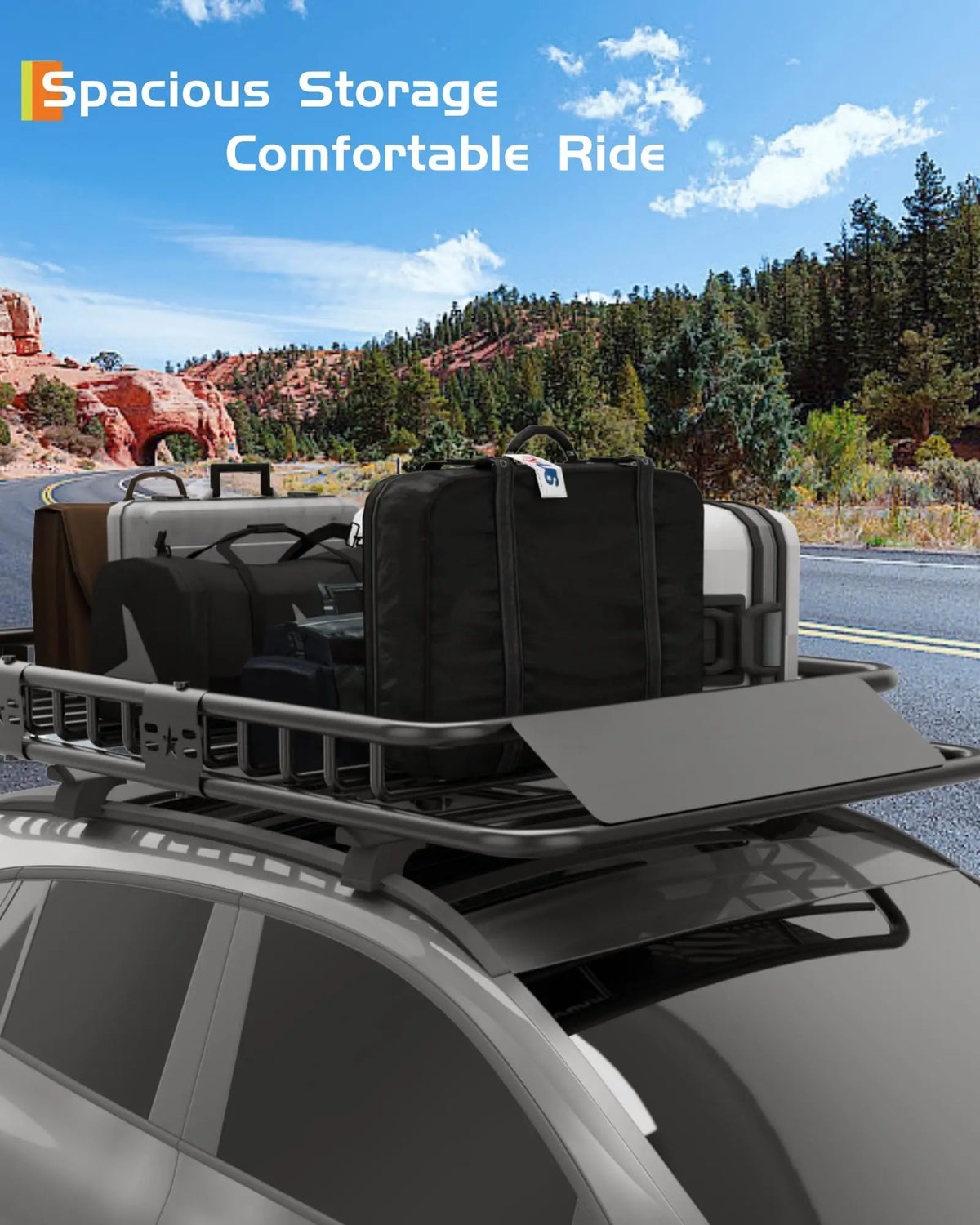 A black heavy-duty roof cargo basket is mounted on a silver SUV, set against a scenic outdoor background.