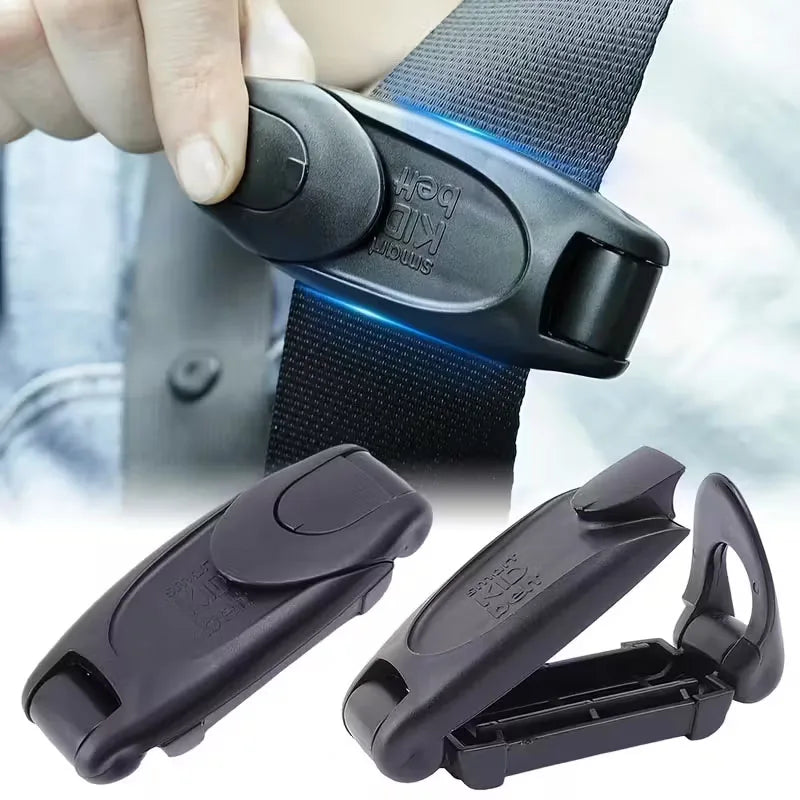 A black comfort-adjustable seat belt clip is shown being used on a seat belt strap.