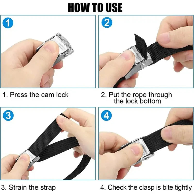 Instructions showing how to use a heavy-duty cam buckle tie-down strap with rust-resistant alloy buckles.