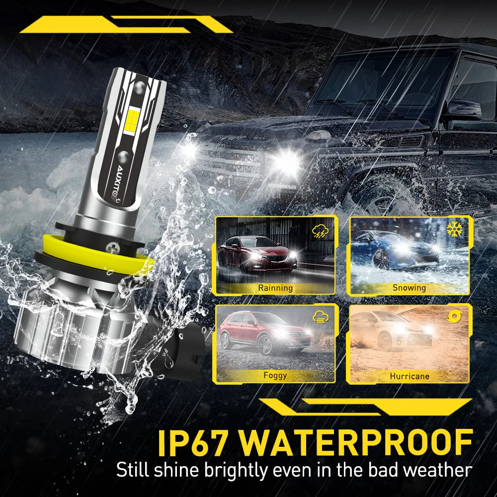 A bright LED light bar mounted on a vehicle, demonstrating its waterproof performance in various bad weather conditions.