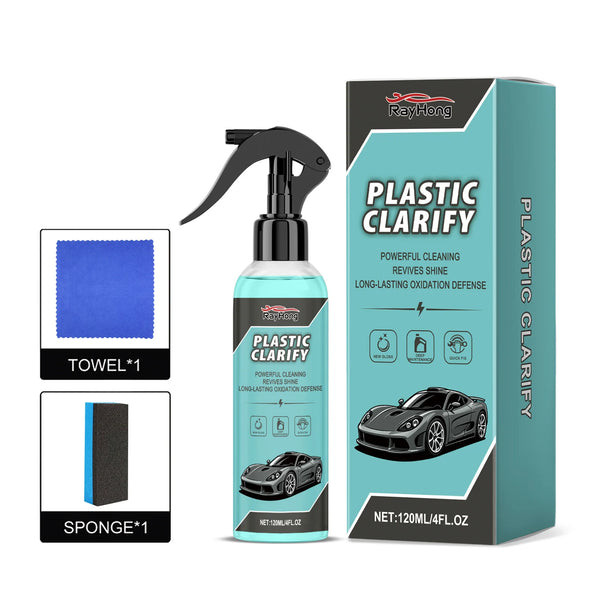 A bottle of Plastic Clarity cleaning spray and a sponge are shown next to a box for Car Trim and Dashboard Plastic Restorer S