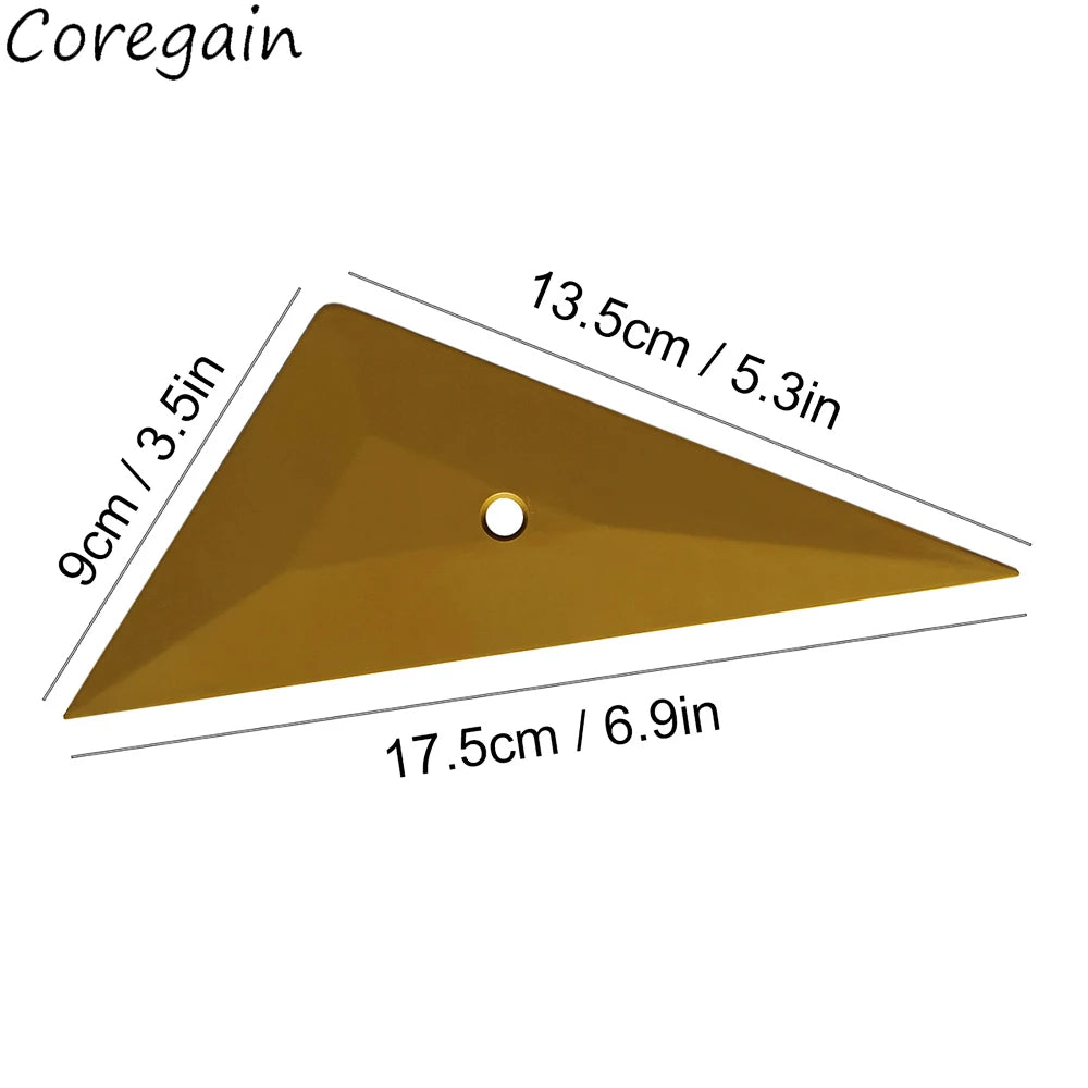 A golden triangle-shaped squeegee tool used for window tinting and vinyl application.