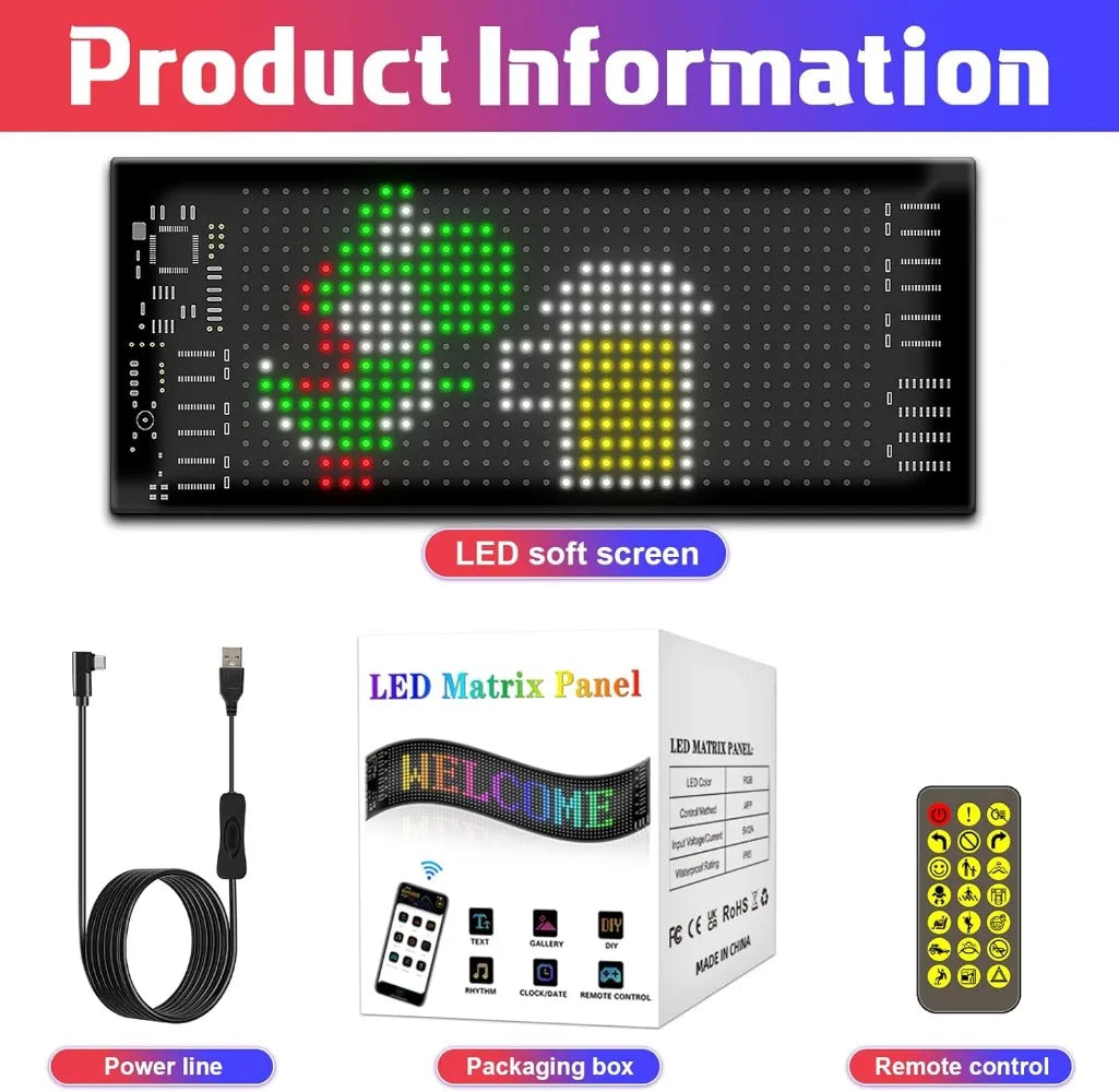An LED matrix panel with green and yellow lights displaying a dollar sign and a house, shown next to its power line and remot