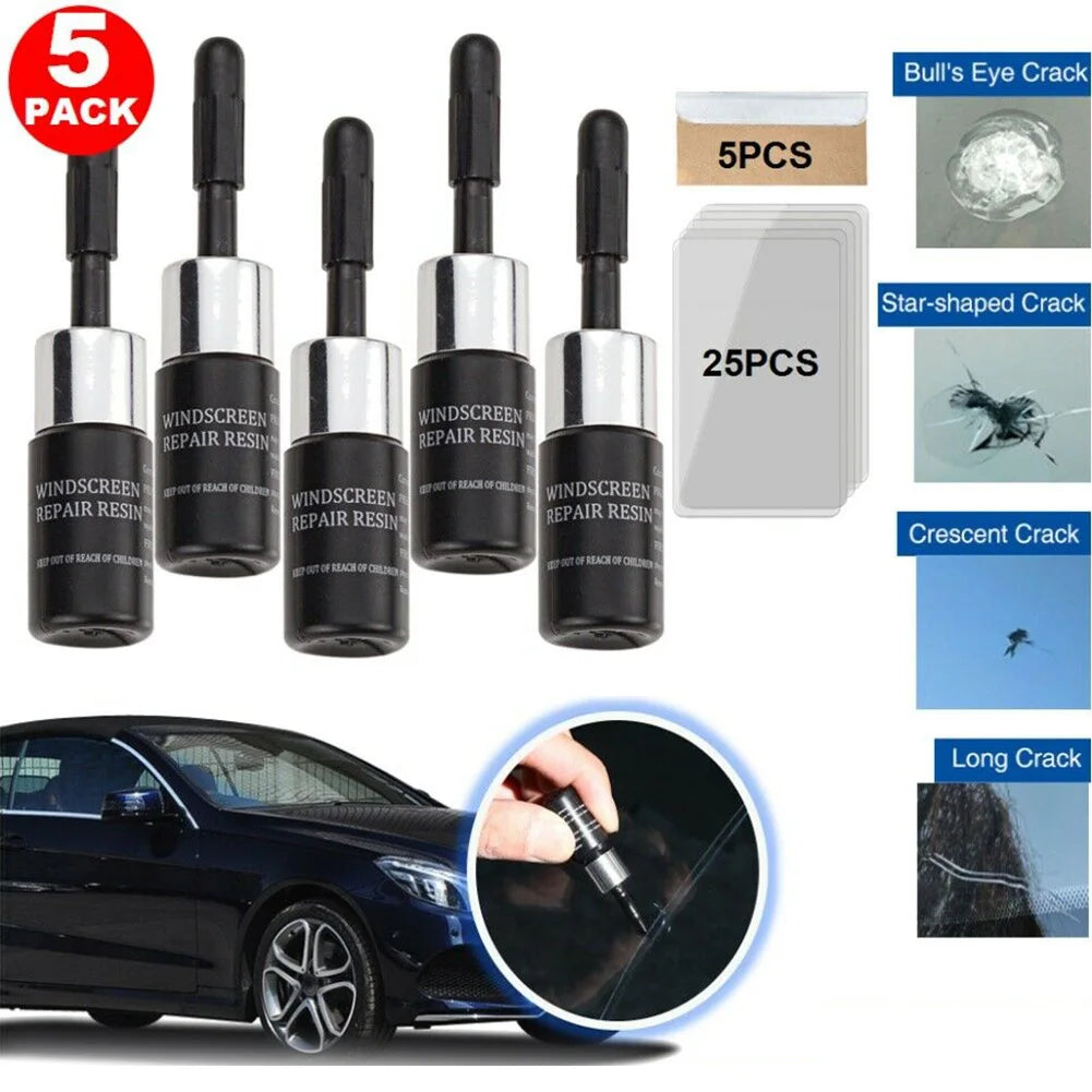 A set of five windshield crack repair kits, including bull's eye, star-shaped, and crescent cracks, shown next to a black car