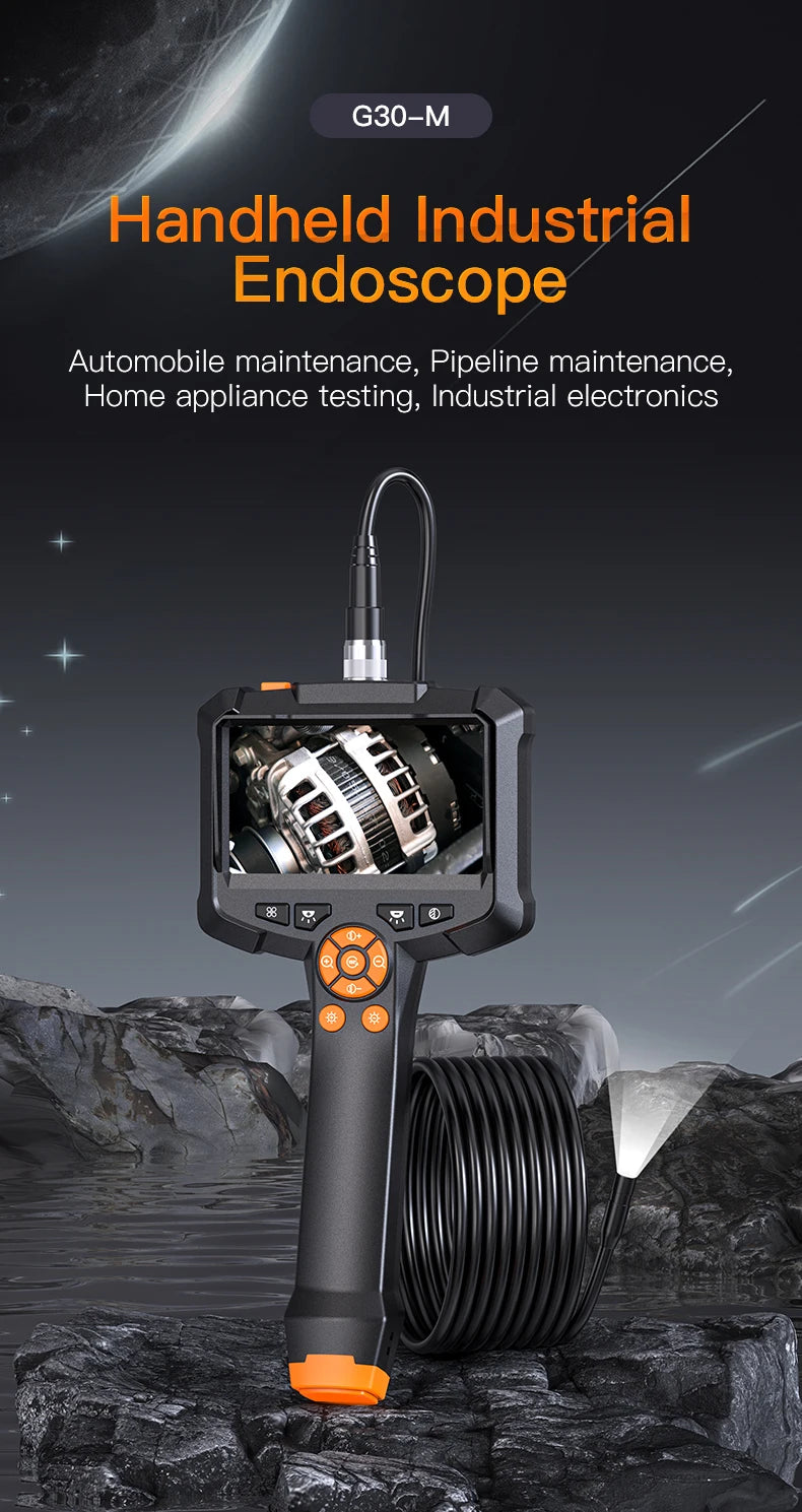A handheld industrial endoscopic camera with a black body and orange tip is shown against a dark, rocky background.