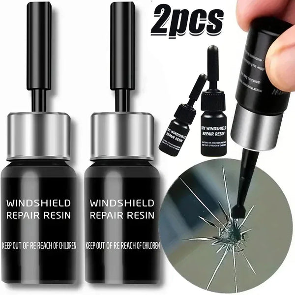 Two bottles of Windshield Repair Resin with applicator tips shown next to a close-up of a repaired windshield crack