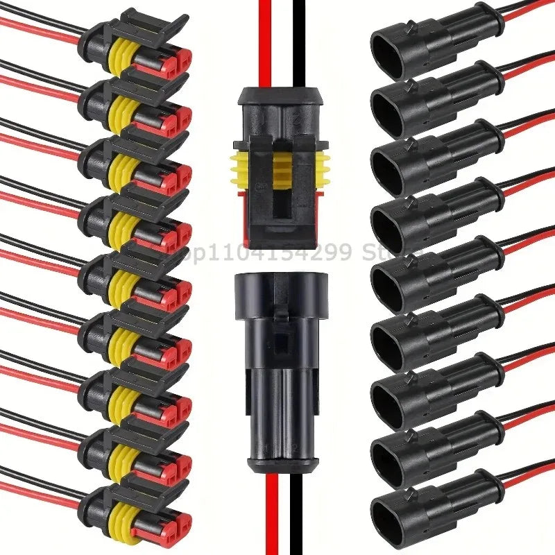 A set of durable 2-pin wire connectors in black, yellow, and red for automotive and marine use.