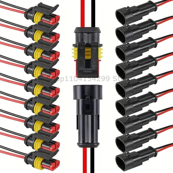 A set of durable 2-pin wire connectors in black, yellow, and red for automotive and marine use.