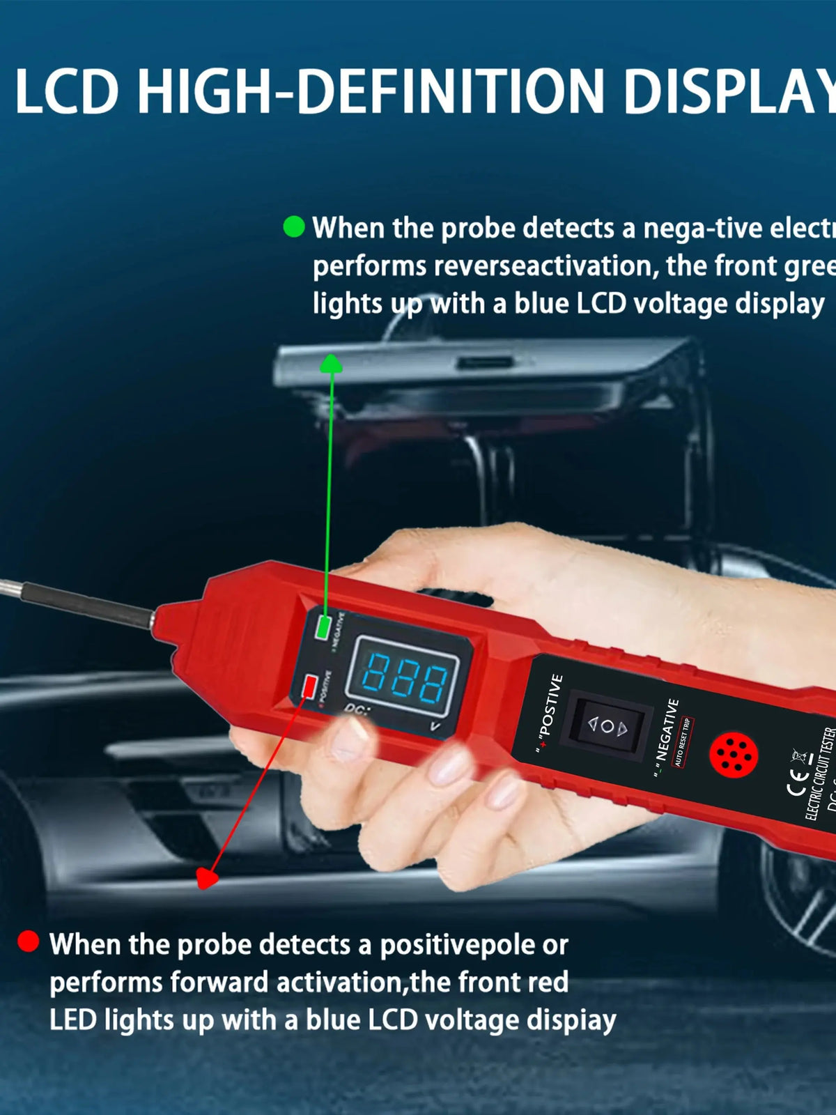 Eine Hand hält einen roten digitalen Auto-Schaltkreis-Tester und demonstriert dessen Funktion mit blauen LCD-Spannungsanzeige