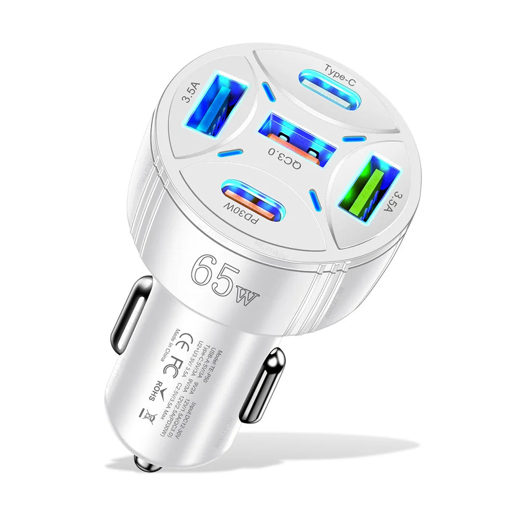 A white 65W multi-port Type-C car charger with multiple ports and a USB-C cable.