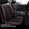 Black leather car seat covers with red stitching and a headrest shown in a vehicle interior.