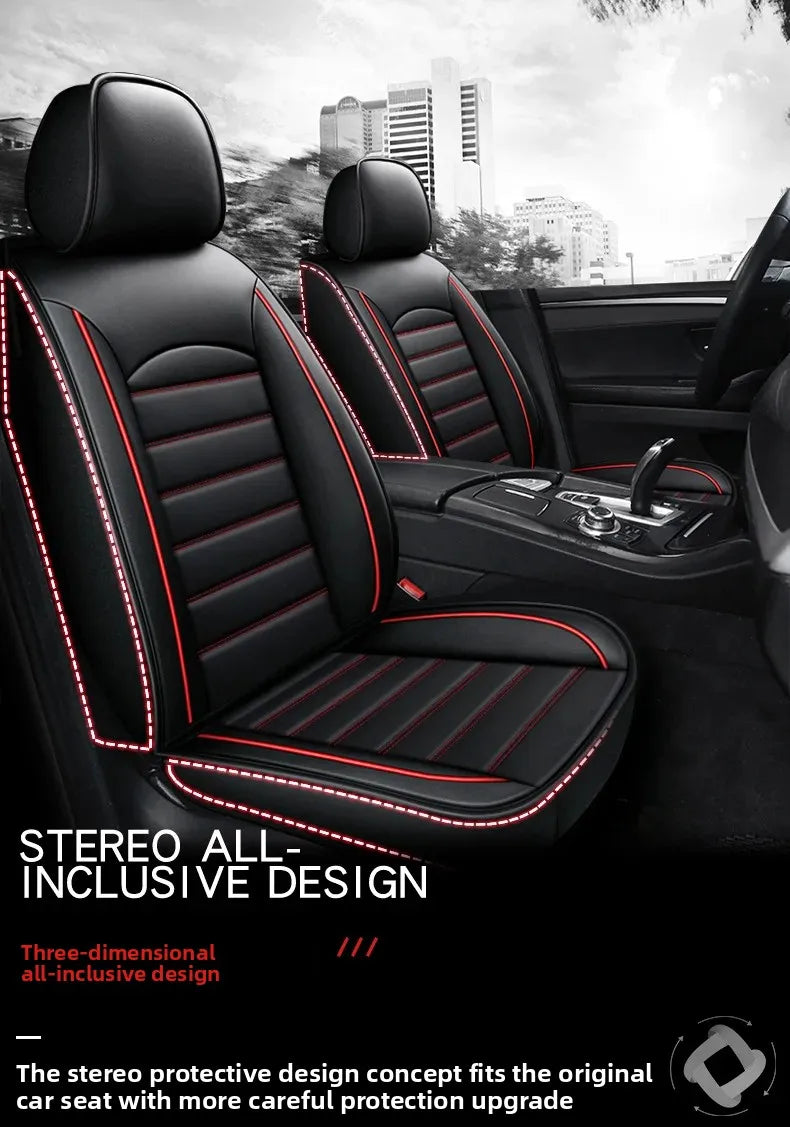 Black leather car seat covers with red stitching and a headrest shown in a vehicle interior.