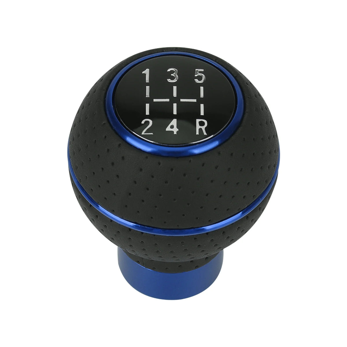 A round, black gear shift knob with blue accents and a numeric display showing 1, 3, 5, 1-2, and R.