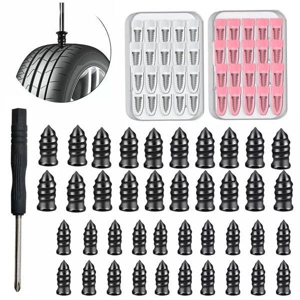 A collection of automotive tyre puncture repair tools including various types of needles and a plastic storage case.