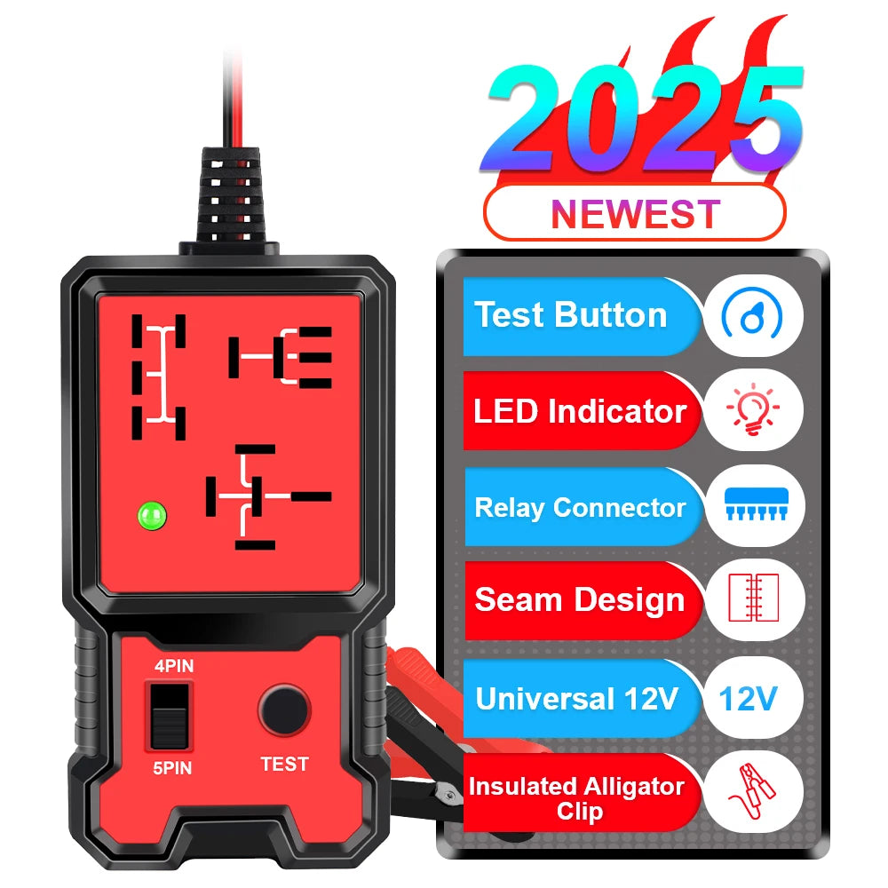 A black universal automotive relay tester device with a red display and various connectors and buttons.
