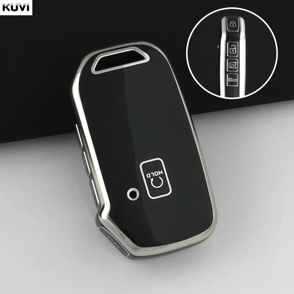 A black durable TPU car key fob cover protector with a silver finish shown against a gray background.