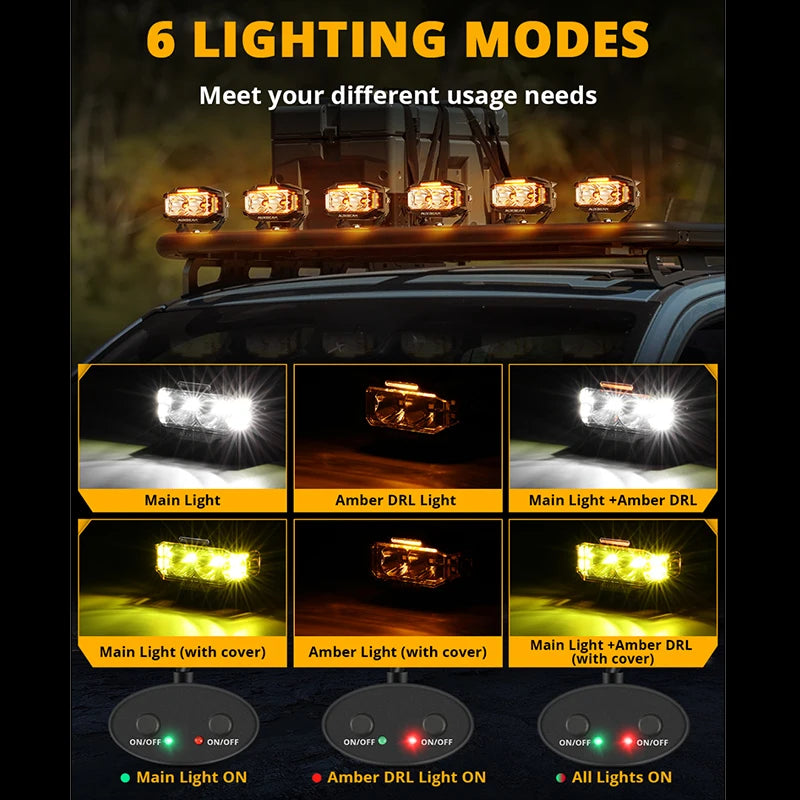 A display showing six lighting modes for high-performance 4-inch LED driving lights including main light, amber DRL, and comb