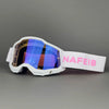 White off-road racing goggles with blue tinted lenses and a pink strap labeled NAFEIB