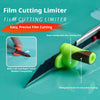 A film cutting limiter tool with a green plastic guide and a metal blade, demonstrating precise film cutting.