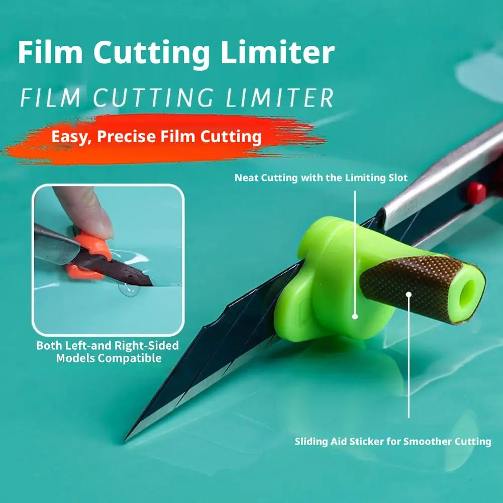 A film cutting limiter tool with a green plastic guide and a metal blade, demonstrating precise film cutting.