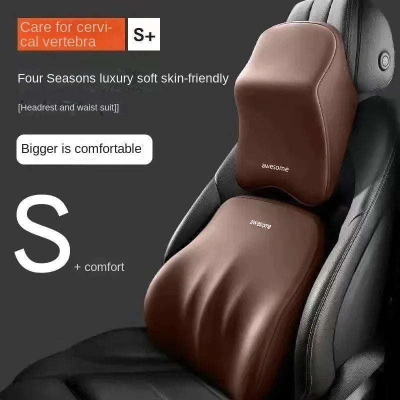 A close-up view of a brown ergonomic car headrest cushion with a black leather interior, showing different sizes labeled S an