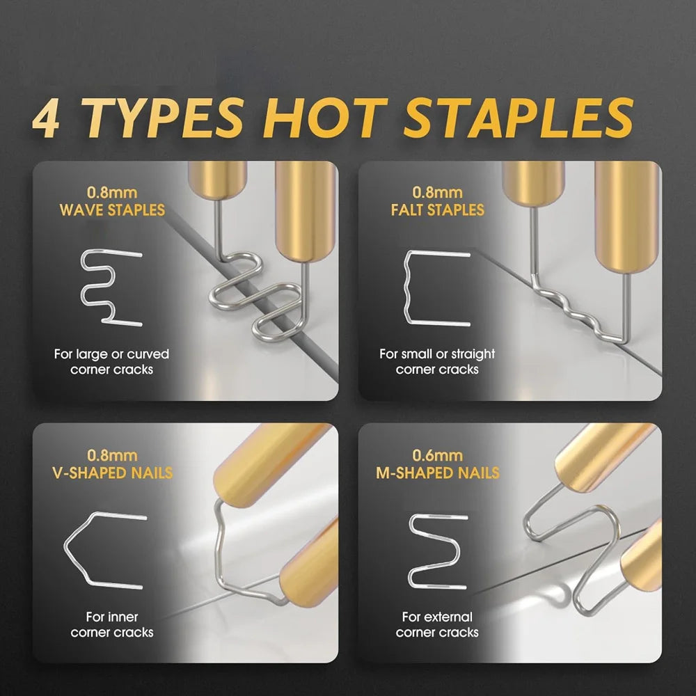 Four types of hot staples including wave, falt, V-shaped, and M-shaped nails for repairs