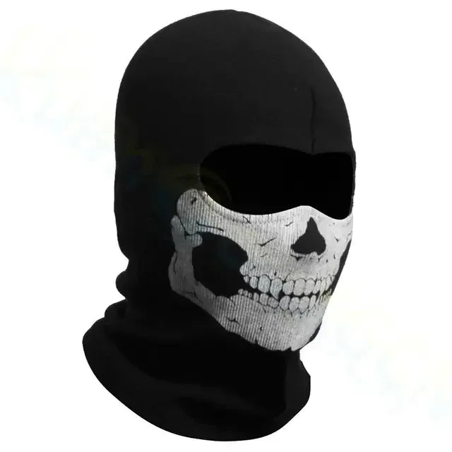 Balaclava noire couvrant tout le visage avec un motif de crâne blanc
