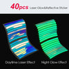Set of 40 multi-color laser glow and reflective stickers showing daytime and night glow effects