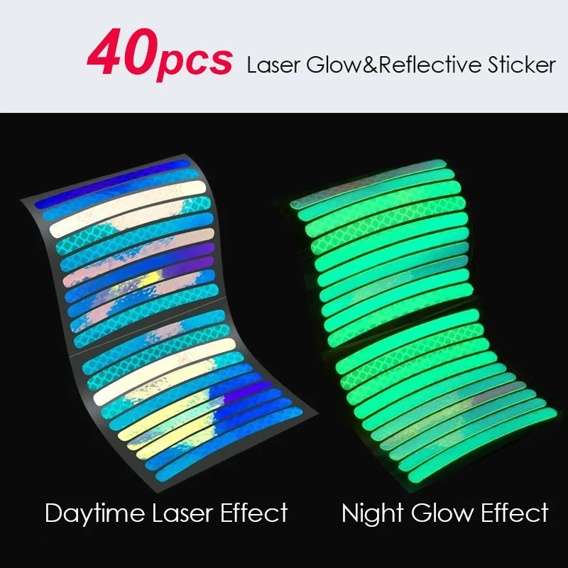 Set of 40 multi-color laser glow and reflective stickers showing daytime and night glow effects