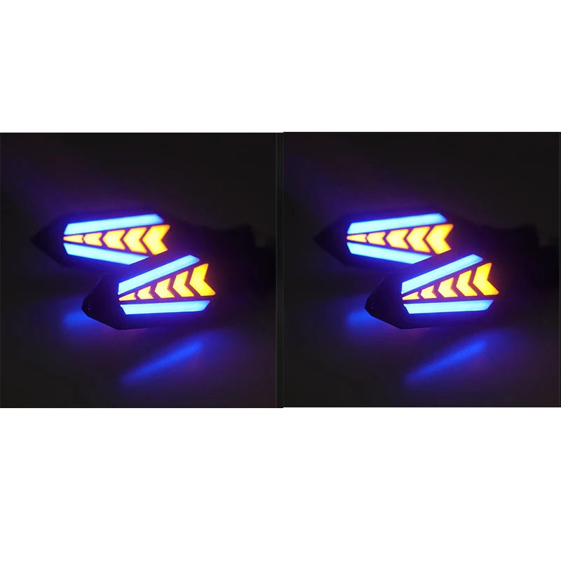 Ein Paar universeller Motorrad-LED-Blinker-Signals, leuchtend blau und gelb.